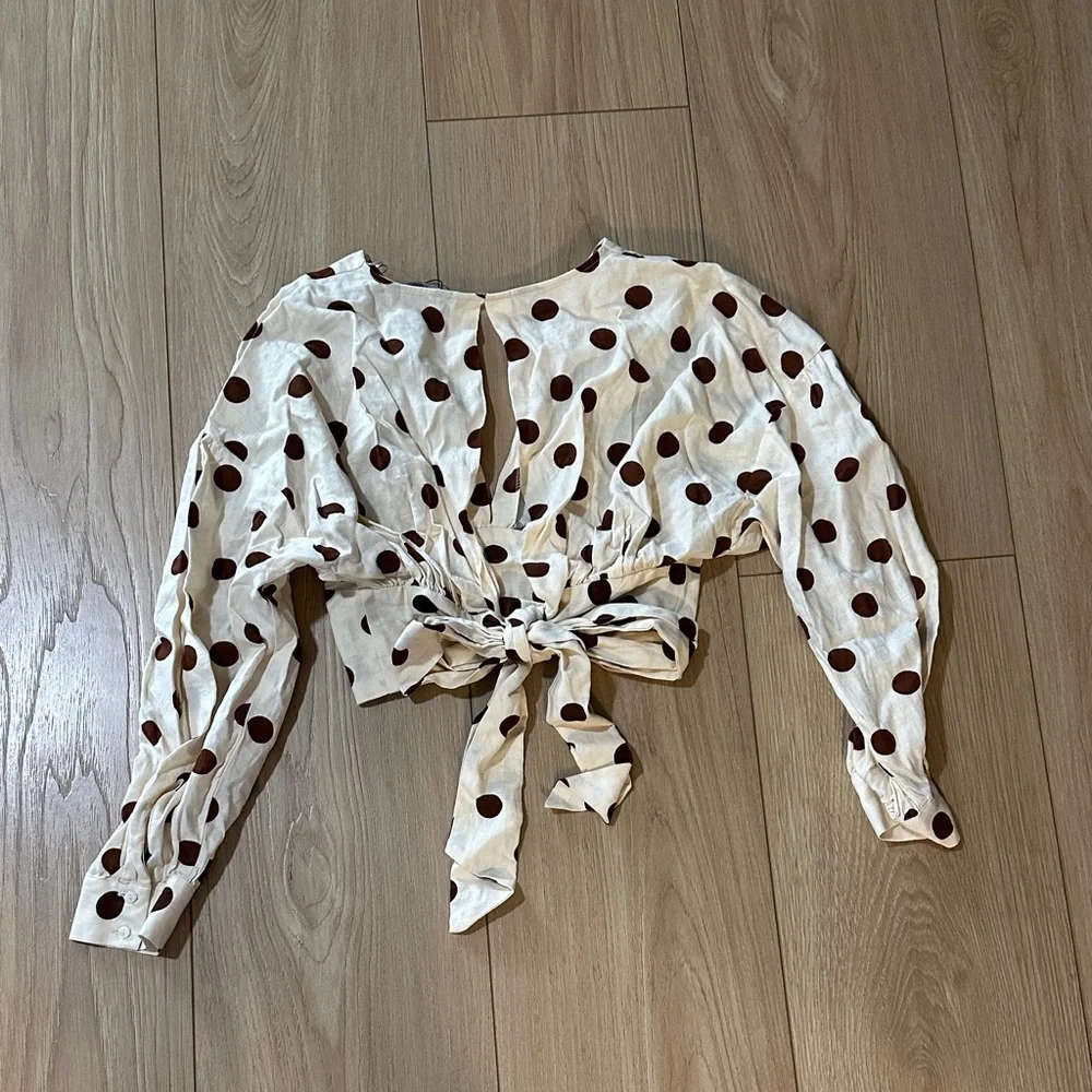 Zara Cream Crop Top with Brown Polka Dots